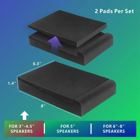 Two Pack Studio Monitor Isolation Pads For 3 To 4.5 Inch Speakers High Density Acoustic Foam To Cut Vibration And Improve Crisper Sound Quality 8 X 6.3 X 1.4 Inch Cushions For Desk Or Stand Mount, showing size and usage range.