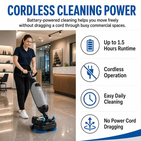 Professional Compact Battery Powered Walk Behind Floor Scrubber Machine With Built In Squeegee in a salon setting, showing cordless operation.
