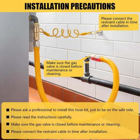Safety System Kit For Natural Gas Lines Three Quarter Inch ID 48 Inch Flexible Gas Hose Mobile Kitchen Connector With Two Elbows And Quick Connect Fittings CSA Certified Durable showing installation precautions on wall.