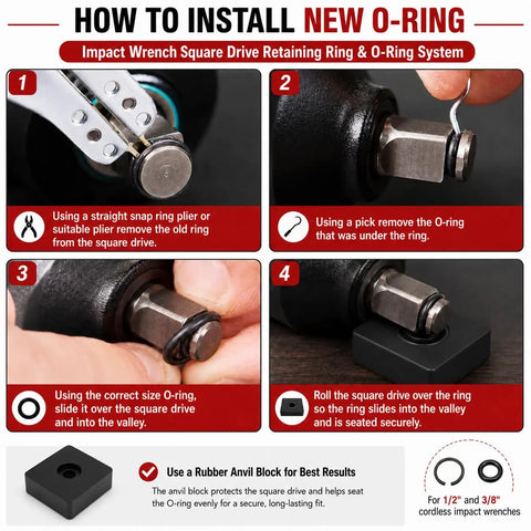 How to install Heavy Duty Impact Retaining Ring Kit With O Rings And Installation Tool For 1/2 And 3/8 Inch Impact Wrenches.