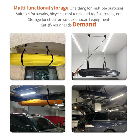 Heavy Duty Ceiling Hoist System For Garage Storage With Aluminum Construction, 125 Lb Capacity Overhead Lift for kayaks and cargo boxes
