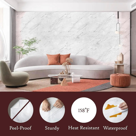 Living room with Marble Look Dope Peel And Stick Wallpaper For Countertops And Vanities White Matte Vinyl Contact Paper Waterproof.