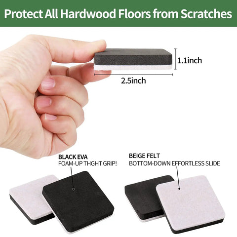 Heavy Duty Felt Furniture Movers Sliders For Hardwood Floors Two Point Five Inch Square reusable glide in hand with dimensions.