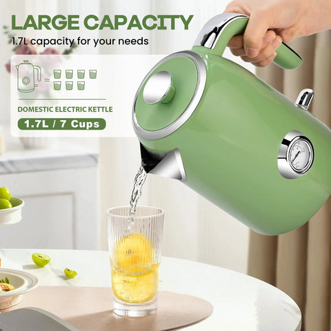 Person pouring water from Retro Green 1.7L Stainless Steel Electric Kettle With Temperature Gauge Rapid Boil 1500W Auto Shutoff Boil Dry Protection BPA Free Large Capacity Tea Kettle For Home And Office into a cup