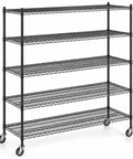 Badass Durability Black Epoxy Mobile Wire Shelving Rack With Five Heavy Duty Rollaway Shelves And Zero Hassle Locking Casters For Garage And Cooler Setup, side view with five shelves.