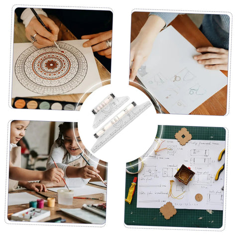Badass Transparent Rolling Ruler And Drafting Kit For Slick Parallel Lines showing 2 pack rulers used on various creative projects.
