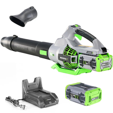 Cordless 60V Electric Leaf Blower With 810 CFM And Variable Speed, includes a 2.5Ah battery, charger, and accessories for heavy duty yard cleanup.