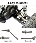 Stainless front and rear CVD drive shaft upgrade set installed on 1/10 scale Slash VXL 4X4, showing axles and components.