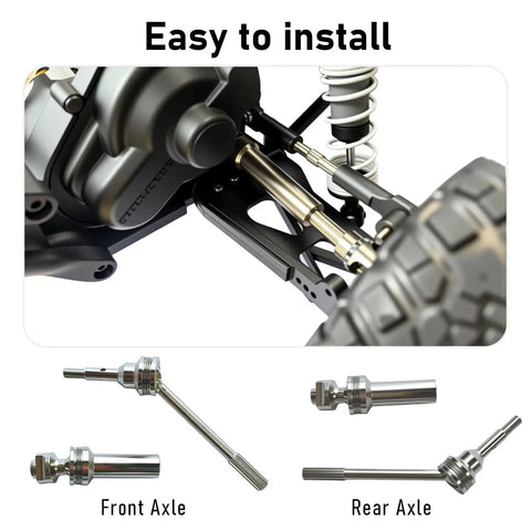 Stainless front and rear CVD drive shaft upgrade set installed on 1/10 scale Slash VXL 4X4, showing axles and components.