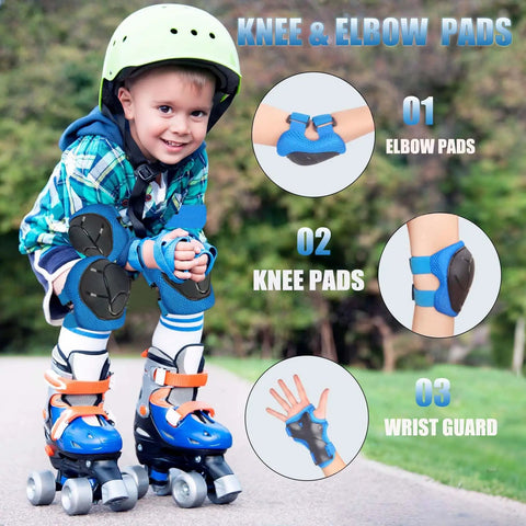 Child wearing All In One Kids Protective Gear Set 6 In 1 Knee Pads Elbow Pads Wrist Guards with helmet and roller skates