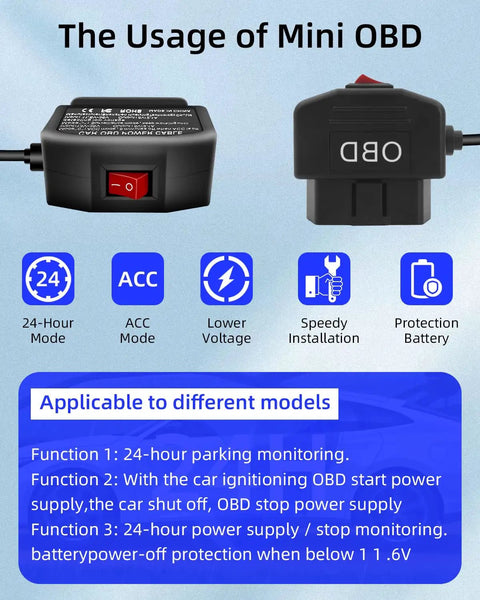 Illustration of OBD2 To Mini USB Power Cable For Dash Cam With Right Angle USB Adapter Hardwire Charger Switch features and functions.