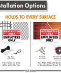 Dang Solid Metal Restricted Area Sign And Employees Only Plate Two Piece Set 10 By 7 Inch Heavy Duty Warning Tag shown with installation options.
