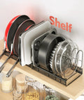 Expandable Pots And Pans Organizer Under Cabinet With Pot Lid Holder And 12 Adjustable Dividers, Space Saving Pan Rack In Use
