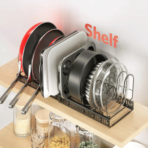 Expandable Pots And Pans Organizer Under Cabinet With Pot Lid Holder And 12 Adjustable Dividers, Space Saving Pan Rack In Use