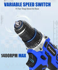 Close-up of blue Cordless Drill Kit With Battery And Charger, 18 Plus 1 Clutch, 220 In Lbs Max Torque, showing variable speed switch