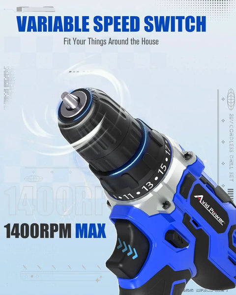 Close-up of blue Cordless Drill Kit With Battery And Charger, 18 Plus 1 Clutch, 220 In Lbs Max Torque, showing variable speed switch