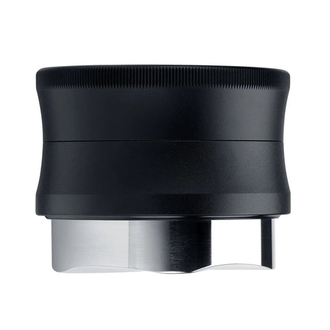 Top Tier 51mm Coffee Gravity Distributor For Espresso Portafilters Packing A Killer Five Blade Base, side view with black body and silver base.