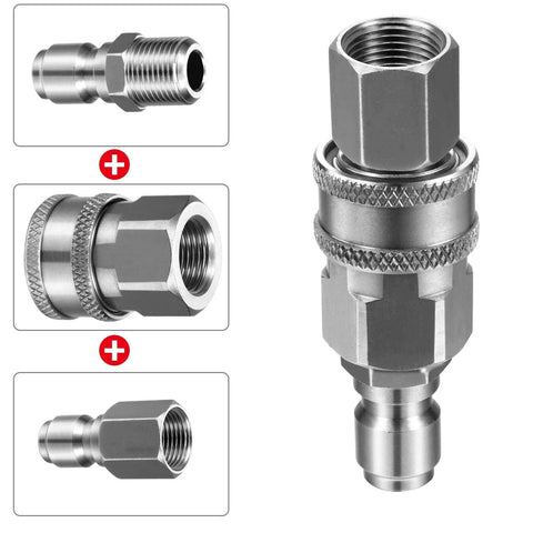 Front view of stainless steel 3/8 in NPT quick connector kit with knurled collar and plug nipples; includes male/female adapters.