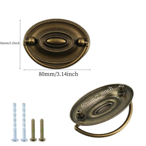 Eight Pcs Old School Antique Brass Bail Drawer Pulls Set for Furniture showing front and back with screws, 3.14 x 2.2 inch size.