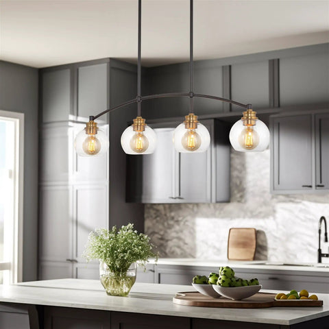 Clear Globe Glass Shades Set, 6 By 5 Inch, lighting fixture in modern kitchen, featuring five hanging bulb lamps