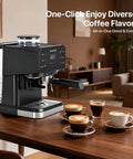 Espresso Machine With Built In Grinder 20 Bar Pump Black Coffee Maker for Authentic Italian Espresso at Home on wooden table