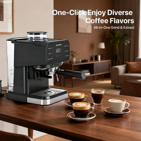 Espresso Machine With Built In Grinder 20 Bar Pump Black Coffee Maker for Authentic Italian Espresso at Home on wooden table