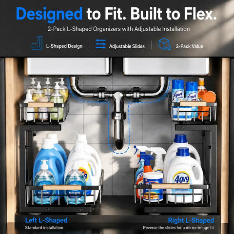 Top Tier Double Slide Out Under Sink Organizers Two Pack Black Steel Pull Out Shelves With Splash Resistant Mat Straight Up Kitchen Cabinet Organization Solution with l-shaped design featuring bottles and cleaners.