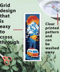 Camping Theme DIY Cross Stitch Bookmark Kit For Beginners, 6 Pack With Mountain View Motifs, grid design, and scissors