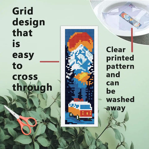 Camping Theme DIY Cross Stitch Bookmark Kit For Beginners, 6 Pack With Mountain View Motifs, grid design, and scissors