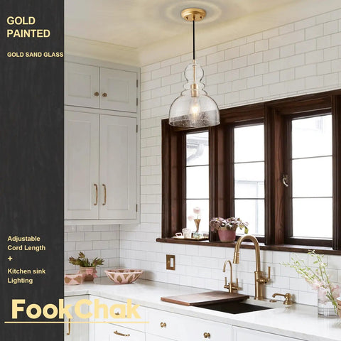 Gold Seeded Glass Pendant Lights For Kitchen Island And Hallway Large Hand Blown Brass Ceiling Pendant Fixture Over Table 10 Inch Modern Vintage Style Lighting For Kitchen Sink And Entryway Showpiece Vibe