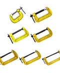 Set of yellow C shaped clamps for woodworking quick and easy clamping solution for various materials, featuring rust resistant steel.