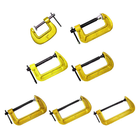 Set of yellow C shaped clamps for woodworking quick and easy clamping solution for various materials, featuring rust resistant steel.
