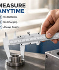 Close-up of 6 Inch Vernier Caliper Measuring Tool, Non-Digital Dual Scale, 0-150mm measuring a metal flange.