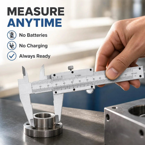 Close-up of 6 Inch Vernier Caliper Measuring Tool, Non-Digital Dual Scale, 0-150mm measuring a metal flange.