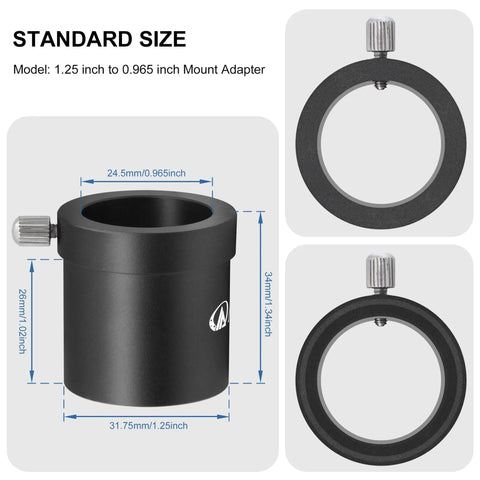 Image of 1.25 Inch to 0.965 Inch Eyepiece Adapter for 24.5mm to 31.7mm Telescopes with all metal aluminum construction.