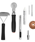 Straight Shooter Tire Repair Patch Tool Kit with 42Mm Steel Buffing Wheel, HSS drill bits, utility knife, and wax marker.