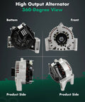Drop In 130 Amp 12 Volt Alternator Replacement Fits Ford Escape 2005 2006 2007 Mazda Tribute 2005 2006 Mercury Mariner 2005 2007 Three Liter V6 CW Pulley High Output Ready To Install 360-degree view showing bottom, front, and side angles.