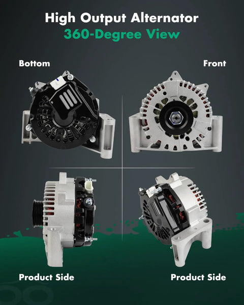Drop In 130 Amp 12 Volt Alternator Replacement Fits Ford Escape 2005 2006 2007 Mazda Tribute 2005 2006 Mercury Mariner 2005 2007 Three Liter V6 CW Pulley High Output Ready To Install 360-degree view showing bottom, front, and side angles.