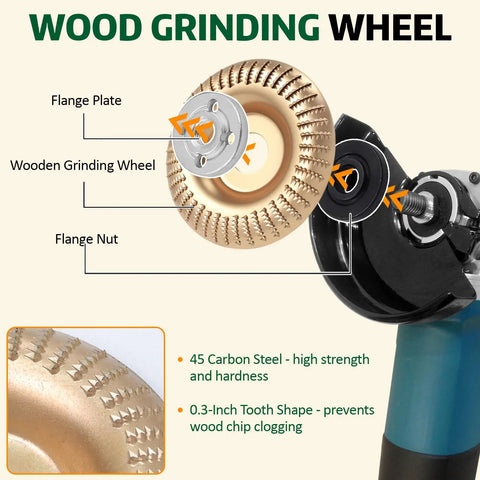 Wood grinding wheel attachment on angle grinder, showing flange plate, nut, and 0.3-inch tooth shape for 14 Piece Wood Carving Discs Set For 4 Inch And 4.5 Inch Angle Grinders, Includes Rotary Burrs, Five Eighth Inch Adapters, Seven Eighths Inch Shaft Holes, Carbon Steel Chainsaw Carving Tools.