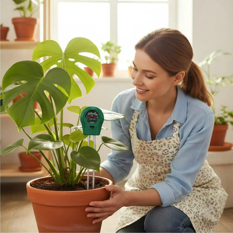 Woman using 3 In 1 Soil Moisture Meter With Light And PH Sensor For Indoor And Outdoor Garden Use Battery Free No Power Hassles