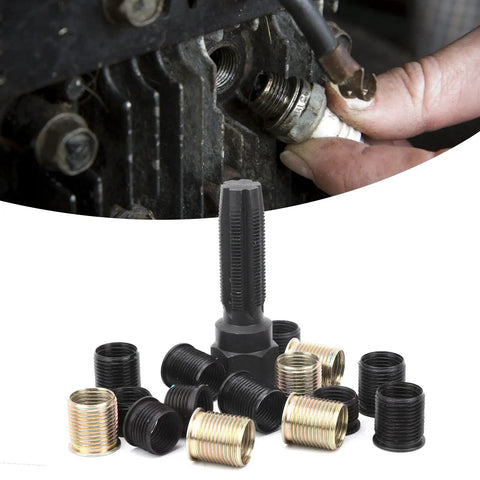 Premium Heavy Duty Thread Repair Tool Kit Built From Tough Carbon Steel For Mechanics And DIY Experts To Fix Damaged Bolts Like A Boss With High Strength Insert Bits And Portable Case Included. Carbon steel thread repair kit with tap and threaded inserts for fixing damaged bolt threads