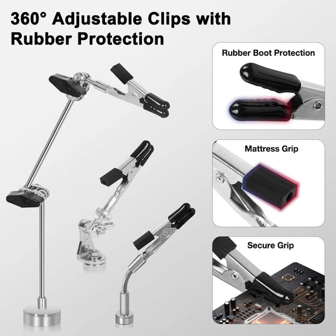 360° adjustable clips with rubber protection on Pro Grade Six Arm Magnetic Helping Hands Soldering Station for PCB work.