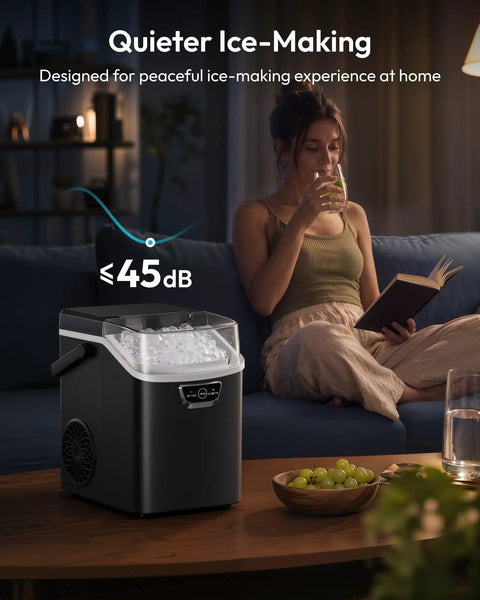 Grab And Go Countertop Nugget Ice Maker Churning Crisp Sonic Pellet Chips Up To Forty Pounds Daily, Four Minute Rapid Freeze, Sturdy Carry Handle placed in cozy living room setting.