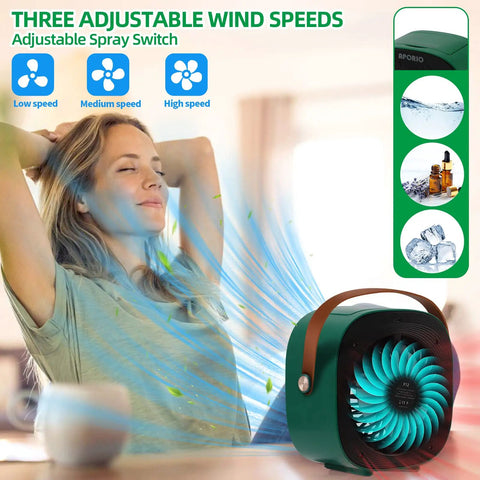Rechargeable Portable Personal Air Cooler With 5200mAh Battery, 3 Speeds, woman enjoying cool air at home.