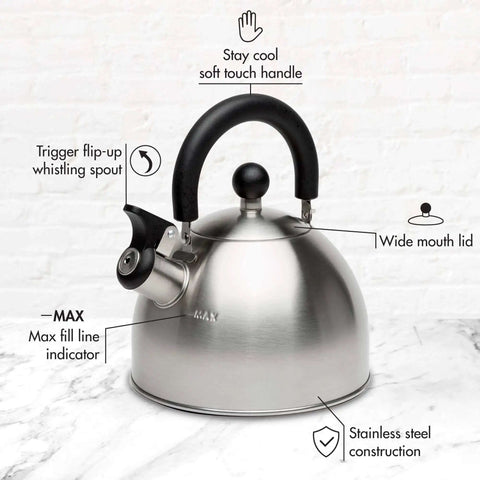 Whistling Stovetop Tea Kettle With Food Grade Stainless Steel, 1.5 Quart Capacity, Boils Fast, Cool Touch Folding Handle, Brushed Finish