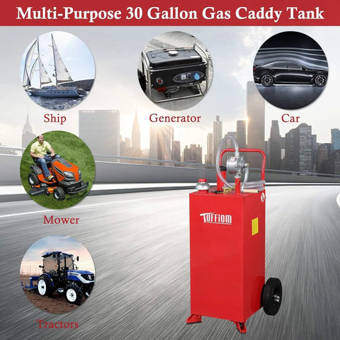 30 Gallon Portable Heavy Duty Gas Caddy With Wheels, Fuel Storage Tank for Gasoline and Diesel, city background view