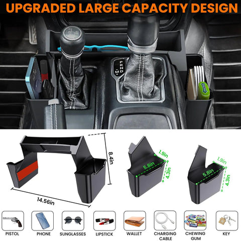 4 Piece Center Console Organizer Kit for Jeep Wrangler JL JLU 4Xe 2018 2026 and Gladiator JT 2020 2026 with gear shift side tray