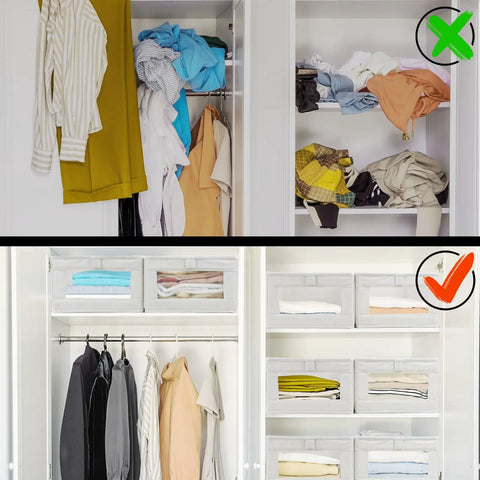 4 Pack Linen Storage Bins With See Through Window For Closet Organization And Home Organization neatly arranging clothes in closet