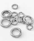 Silver Size 10 Split Lock Washer Pack Of 100, 304 stainless steel, with off-center split ends, on white background.