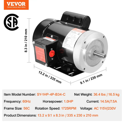 Workhorse 1HP Electric Motor With Reversible CW CCW Rotation For Air Compressors And Farm Machinery, 1725 RPM, 56C Frame